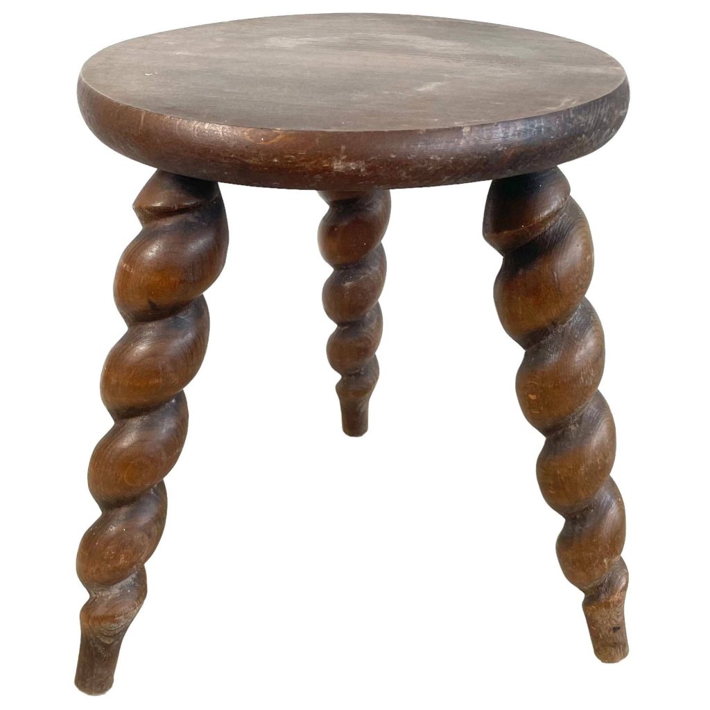 Vintage French Spiral Stool Chair Seat Wooden Wood Milking Kitchen Table Farm Round Seat Plant Rest Stand Plinth Tabouret c1970-80's