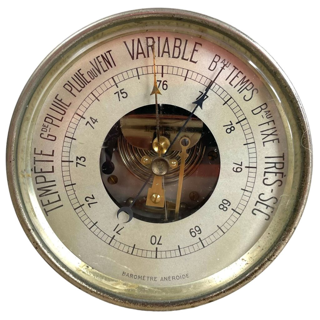 Vintage French Circular Shaped Metal Wood Barometer Barometre Weather Forecasting Instrument Hanging Wall Standing c1960’s