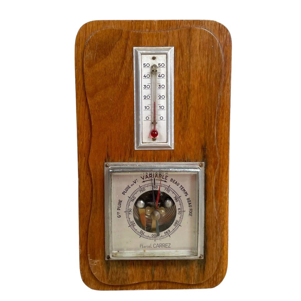 Vintage French Metal Wood Barometer Barometre Thermometer Weather Forecasting Instrument Hanging Wall c1960-70’s