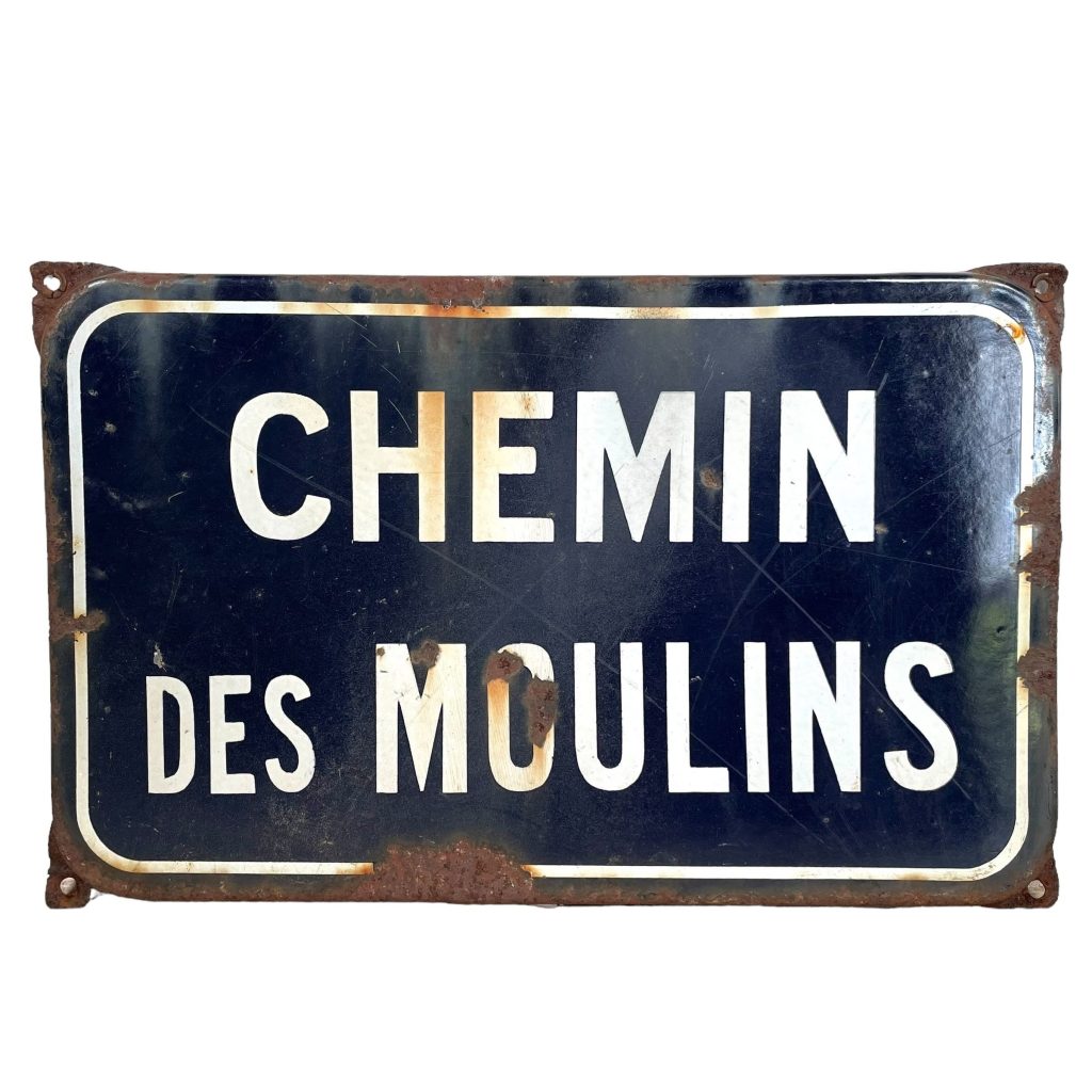 Vintage French Original Iron Enamel Street Sign Chemin Des Moulins Metal Road Display Promotional c1950’s