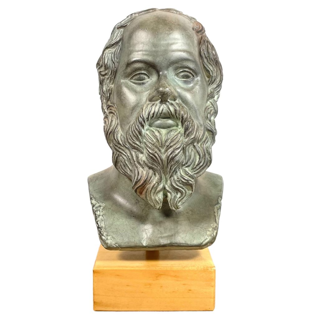 Vintage Greek Sokrat Bronzed Plaster Wood Stand Bust Head Ornament Figurine Display Gift c1980’s