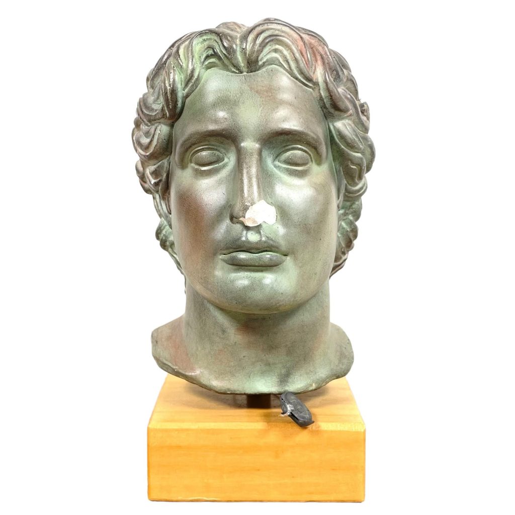 Vintage Greek Alexandre Bronzed Plaster Wood Stand Bust Head Ornament Figurine Display Gift c1980’s
