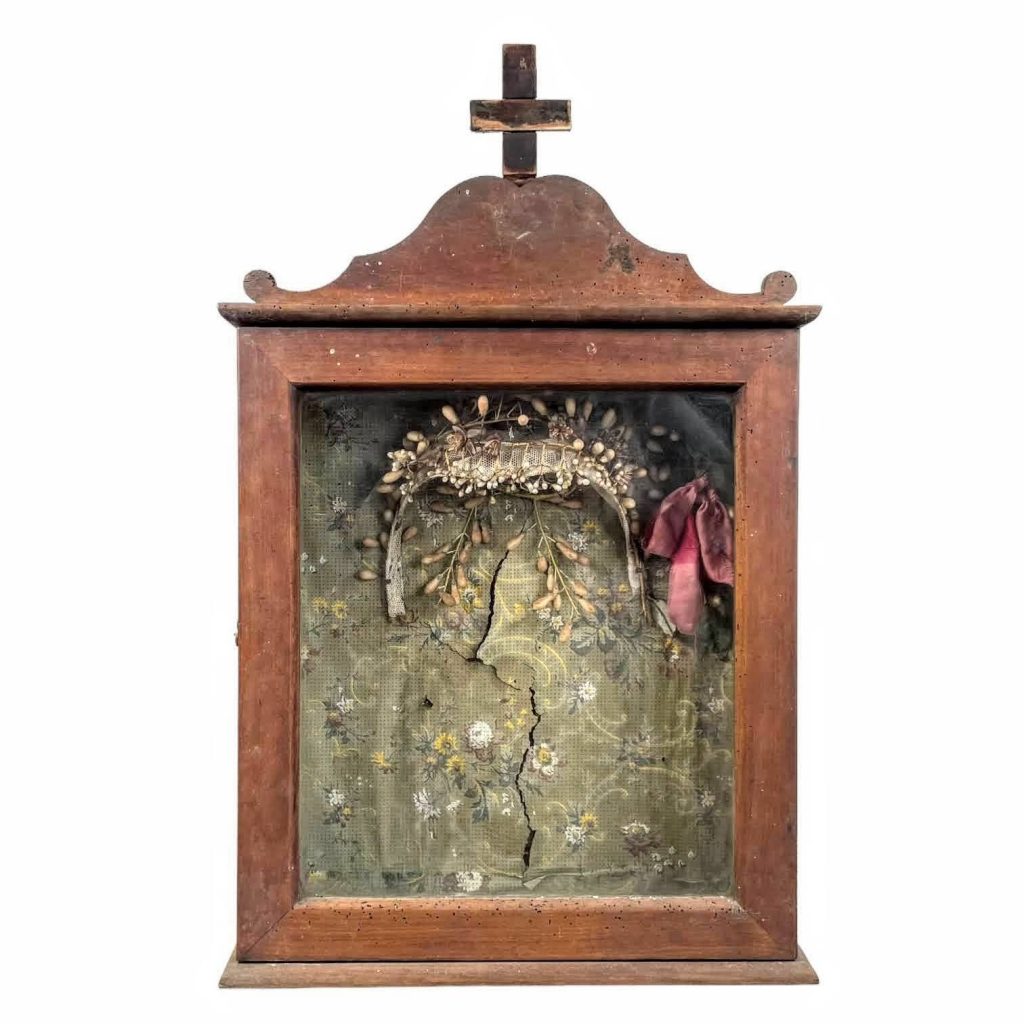 Antique French Wood Wooden Religious Cross Cabinet Case Display Ornament Storage Box Wedding Crown Bonnet Decor c1900’s