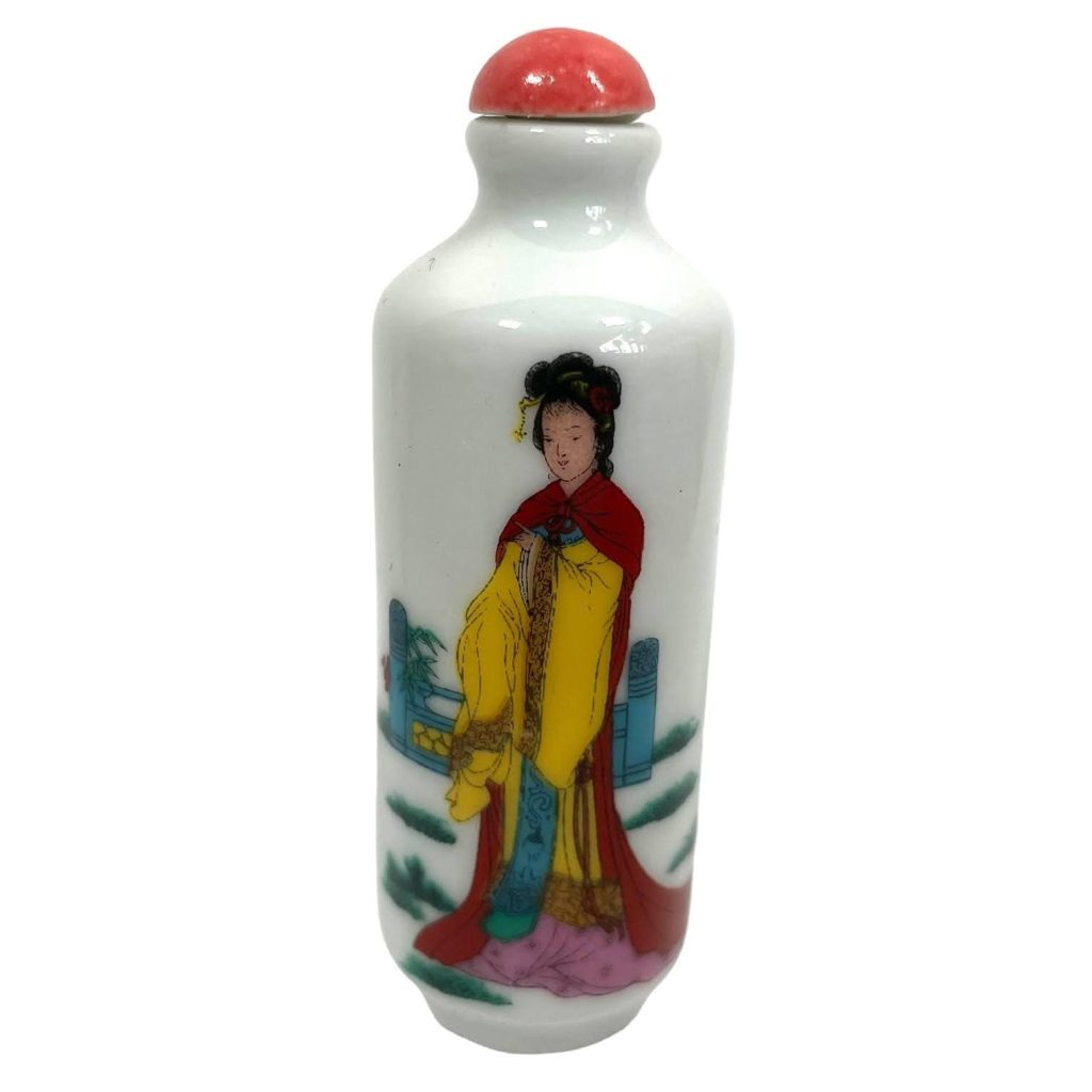 Vintage Chinese Snuff Smelling Salts Hand Painted Small Bottle Holder White Apothecary Potion Traditional Medicine c1970-1980’s