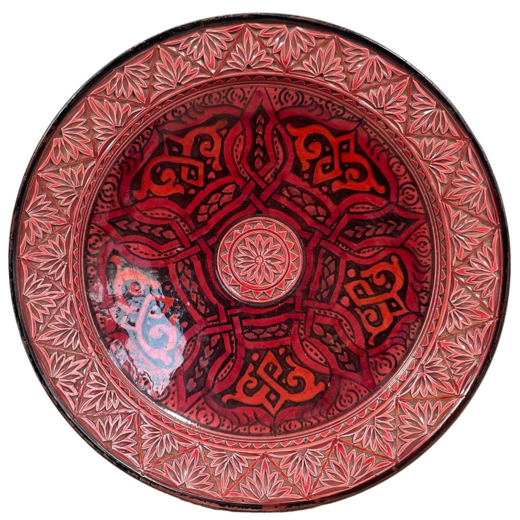 Vintage Moroccan Red Black Dish Bowl Plate Pottery Clay Arabian Theme Earthware Earth Tone Exotic Tribal Desert Fruit c1980-90's