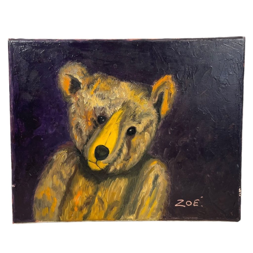 Vintage French Still Life Teddy Bear Toy Study Oil Painting On Canvas Signed Zoe circa 1980’s