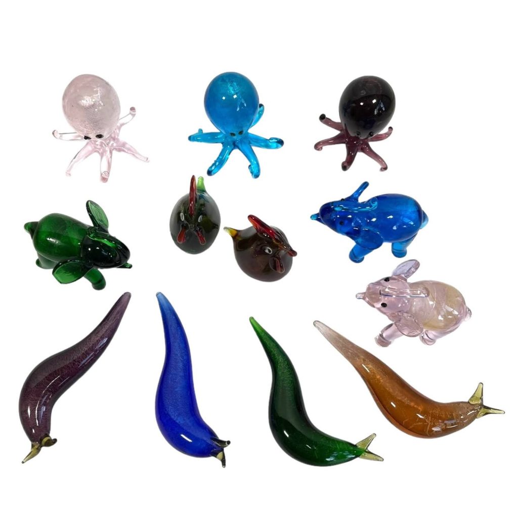 Vintage Hand Made Glass Small Animals Creatures Slugs Chickens Octopus Ornaments Gifts circa early 2000’s