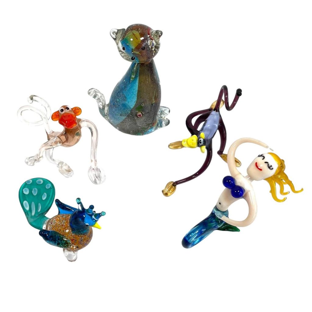 Vintage Hand Made Glass Small Animals Creatures Ornaments Gifts Monkey Cat Peacock Mermaid circa early 2000's