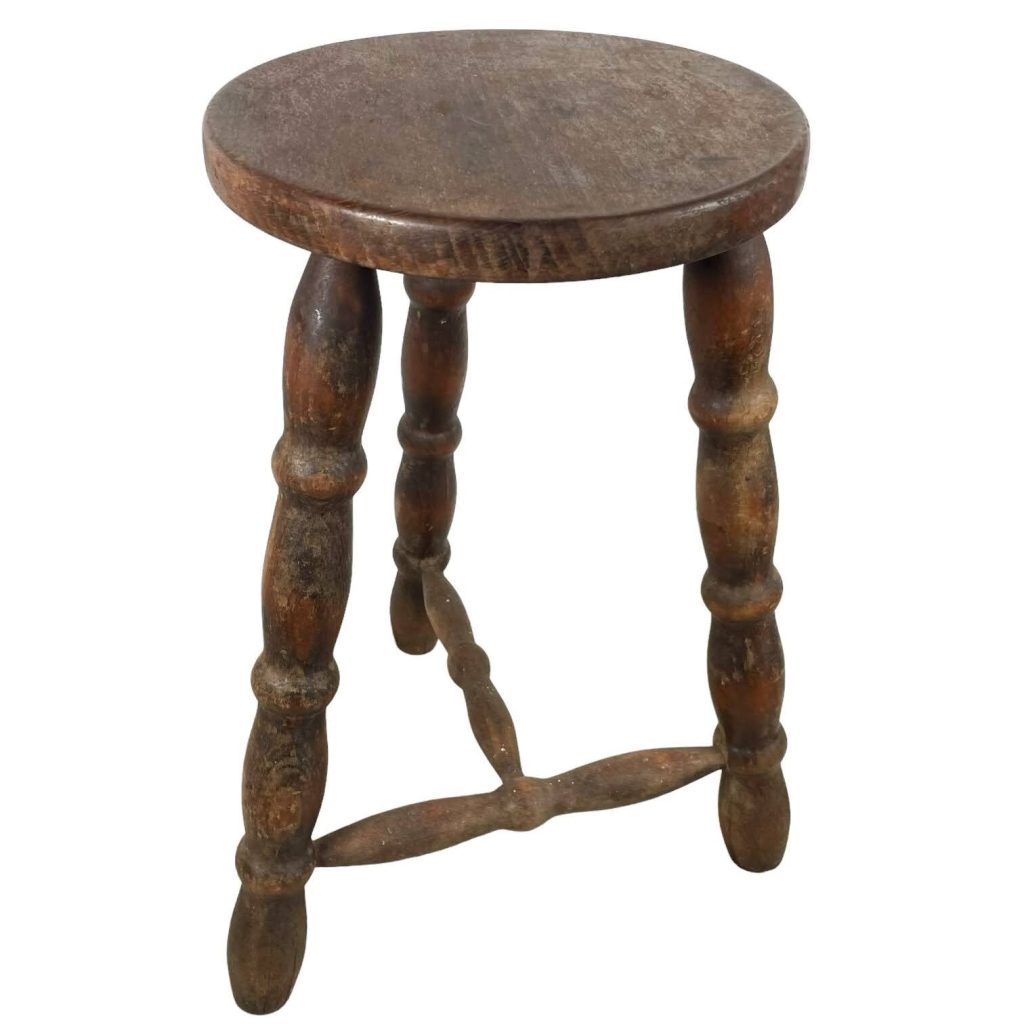 Vintage French Chunky Farmhouse Stool Chair Seat Wooden Round Shaped Seat Braced Bobbin Leg Rest Stand Plinth Tabouret c1950-60’s