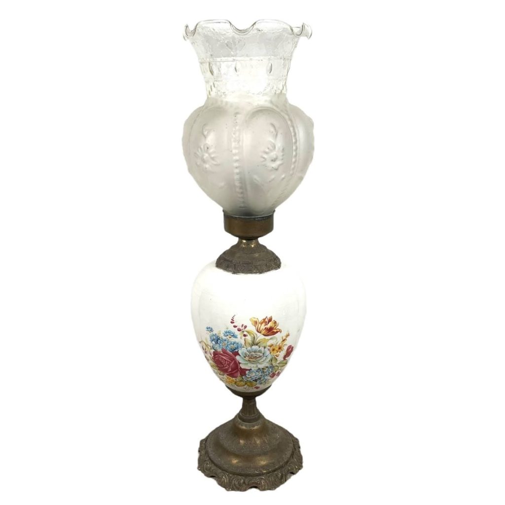 Antique French Ceramic Glass Art Deco Table Lamp Electric Bulb Lamp Adapted Oil Lamp circa 1910s