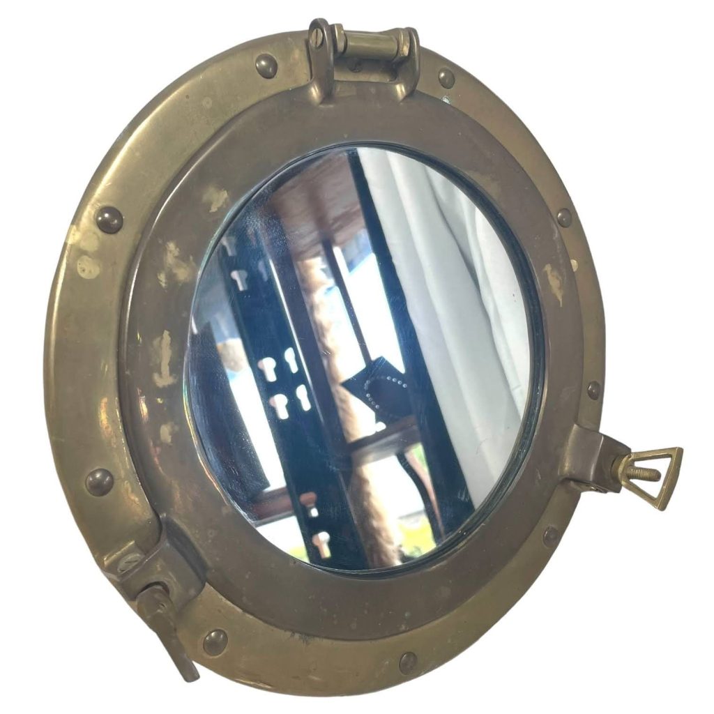 Vintage French Glass Brass Metal Reproduction Porthole Ships Boat Mirror Wall Hanging circa 1980-90’s