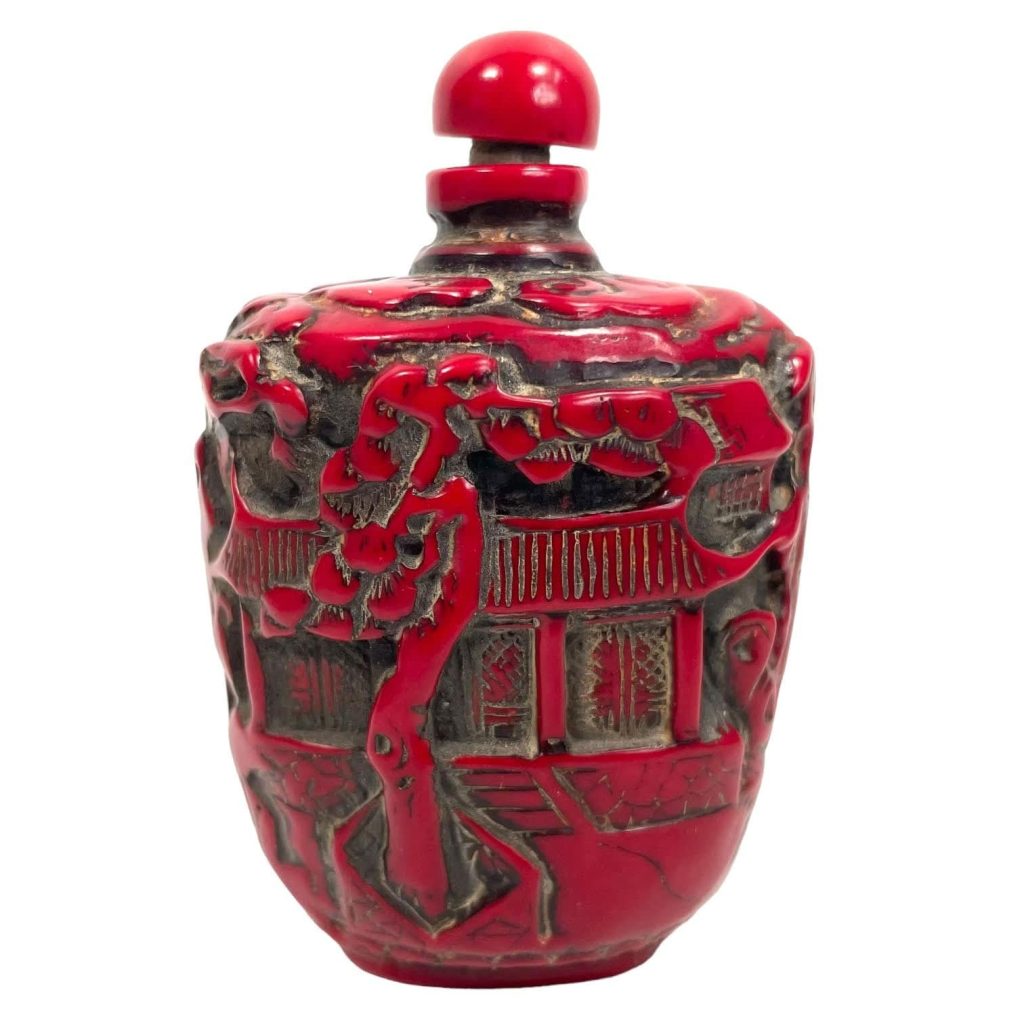 Vintage Chinese Snuff Smelling Salts Hand Painted Small Bottle Holder Red Cinnabar Apothecary Potion Traditional Medicine c1980-1990’s