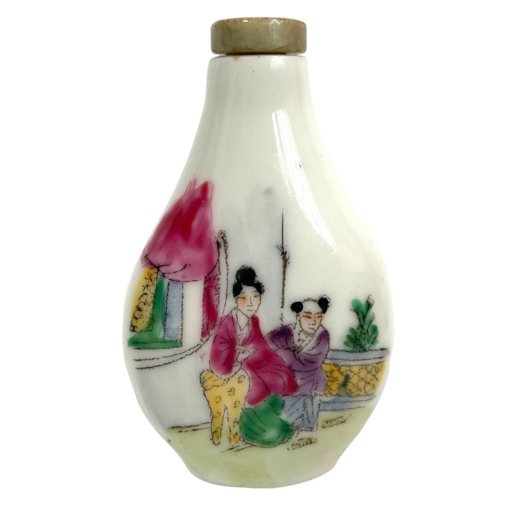 Vintage Chinese Snuff Smelling Salts Hand Painted Small Bottle Holder White Apothecary Potion Traditional Medicine c1970-1980’s