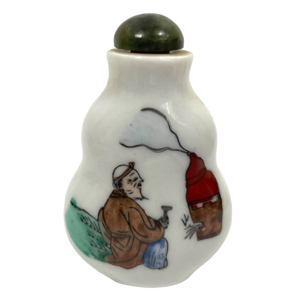 Vintage Chinese Snuff Smelling Salts Hand Painted Small Bottle Holder White Apothecary Potion Traditional Medicine c1970-1980’s