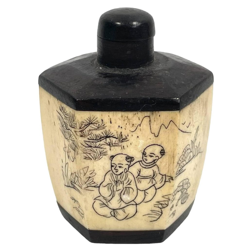 Vintage Chinese Snuff Smelling Salts Hand Etched Small Bottle Holder Bone Wood Apothecary Potion Traditional Medicine c1970-1980's