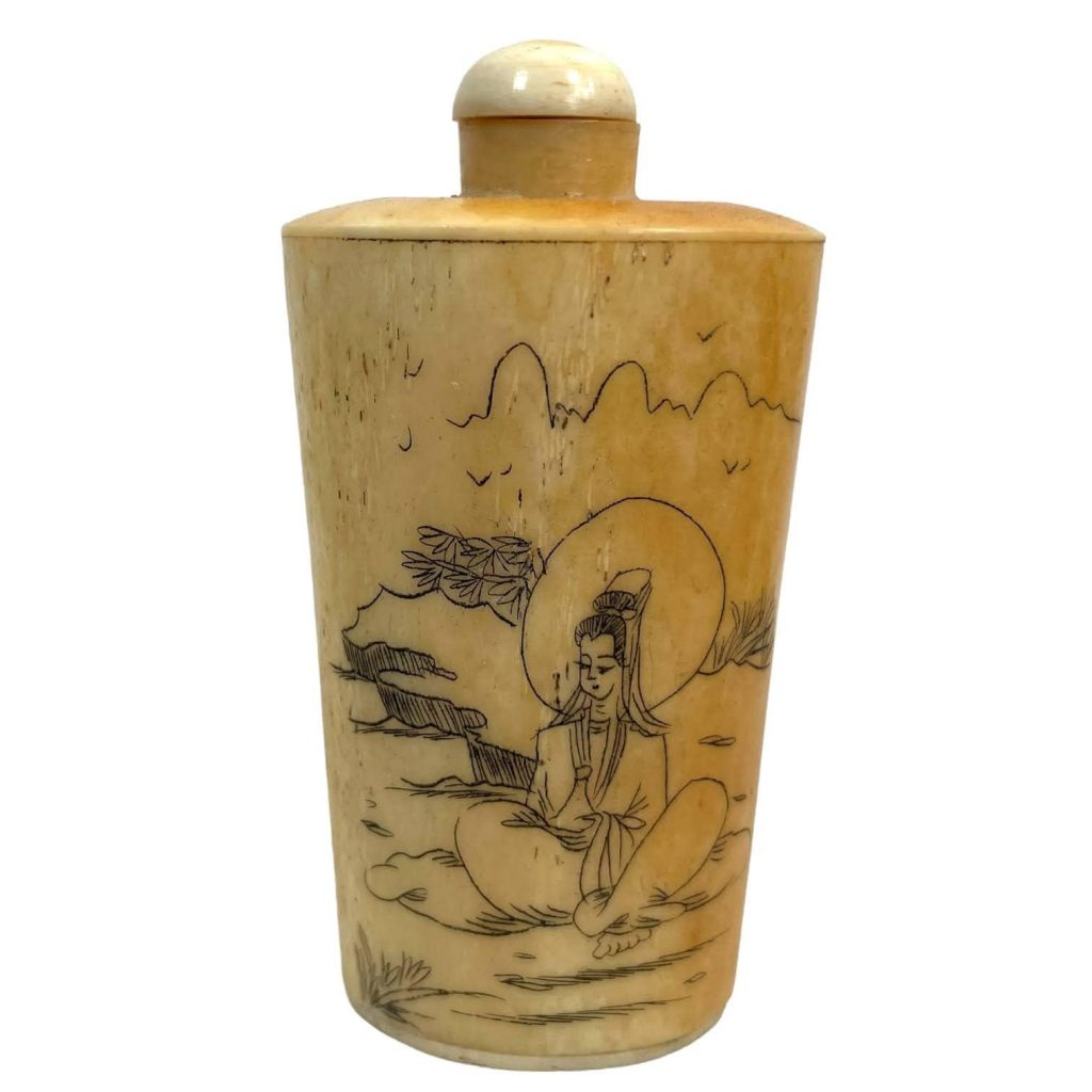 Vintage Chinese Snuff Smelling Salts Hand Etched Small Bottle Holder Bone Apothecary Potion Traditional Medicine c1970-1980’s