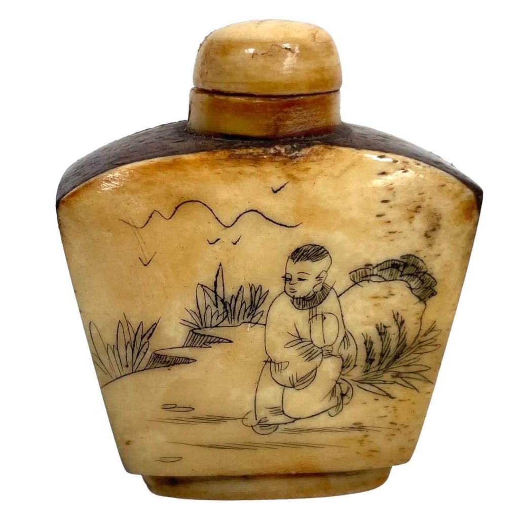 Vintage Chinese Snuff Smelling Salts Hand Etched Small Bottle Holder Bone Apothecary Potion Traditional Medicine c1960-1970’s