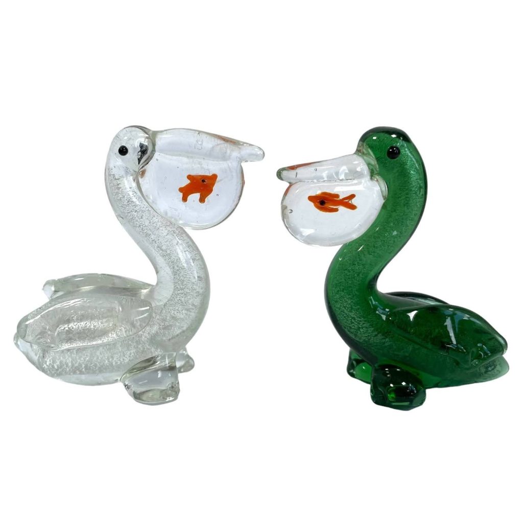 Vintage Hand Made Glass Small Animals Creatures Ornaments Gifts Pelican With Fish circa early 2000’s