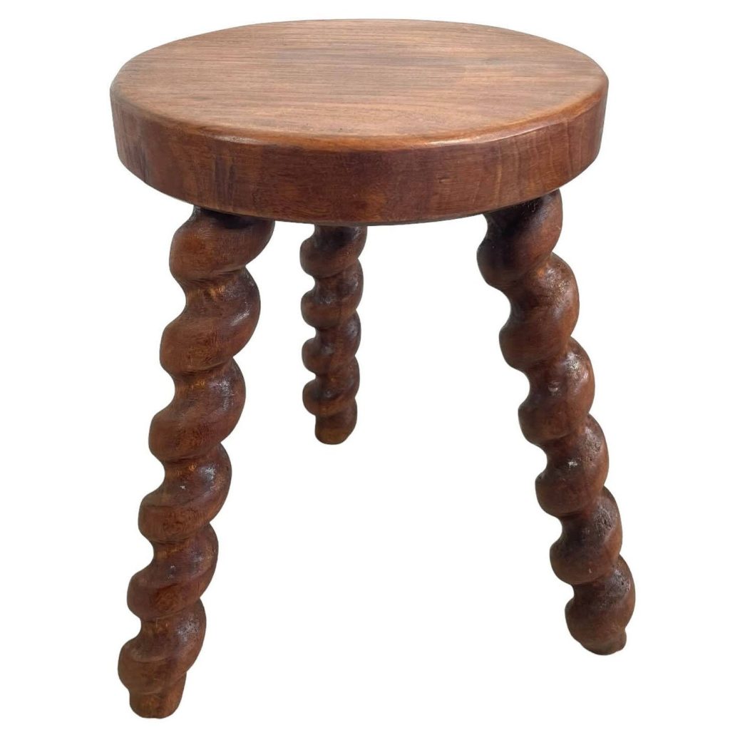 Vintage French Chunky Country Cottage Stool Twist Style Turned Leg Table Wooden Chair Seat Stand Pot Display Tabouret c1960-70’s