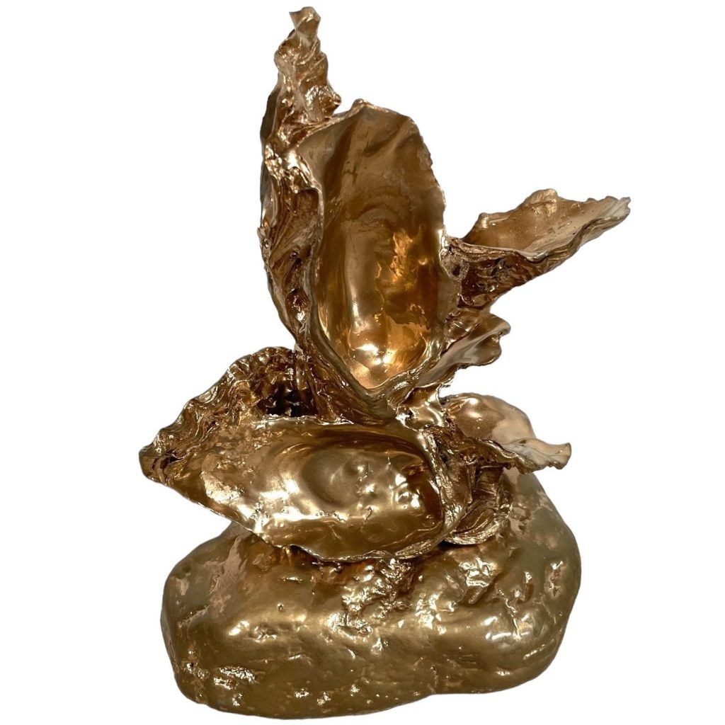 Vintage British Golden Oyster Shell Trophy Display Stand Ornament Decoration Sea Restaurant Seafood Signed Sculpture c1980-90’s