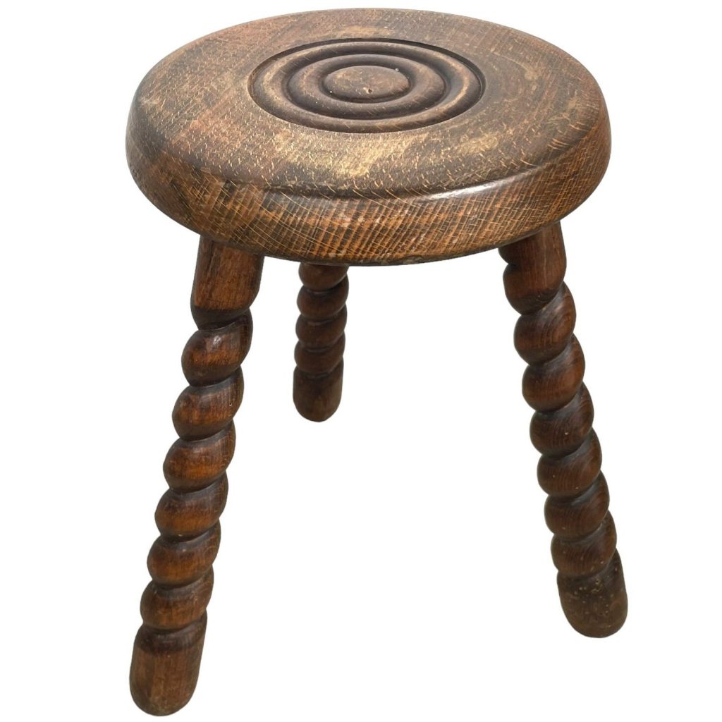 Vintage Stool French Twisty Spiral Bullseye Target Tripod Tabouret Table Wooden Wood Chair Seat Side Stand Pot Display circa 1950-60’s