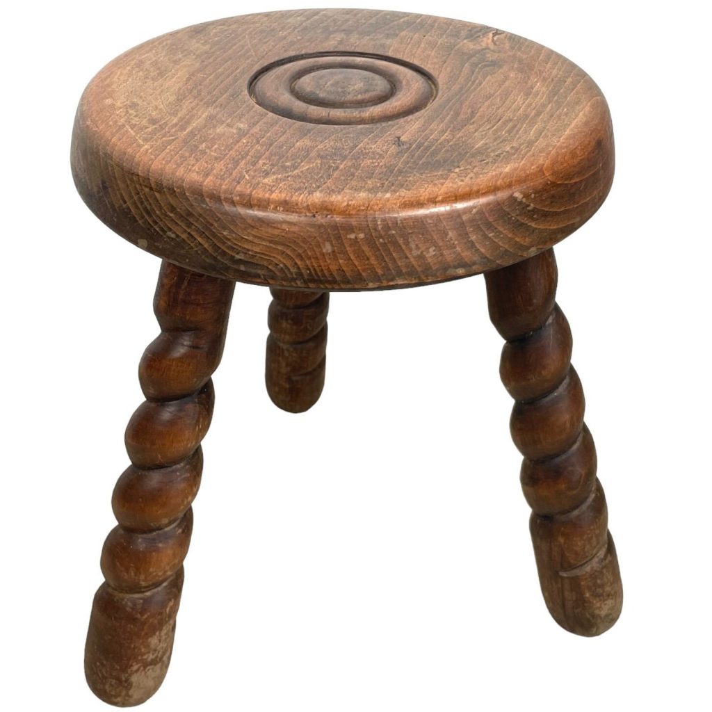 Vintage Stool French Twisty Spiral Bullseye Target Tripod Tabouret Table Wooden Wood Chair Seat Side Stand Pot Display circa 1950-60’s