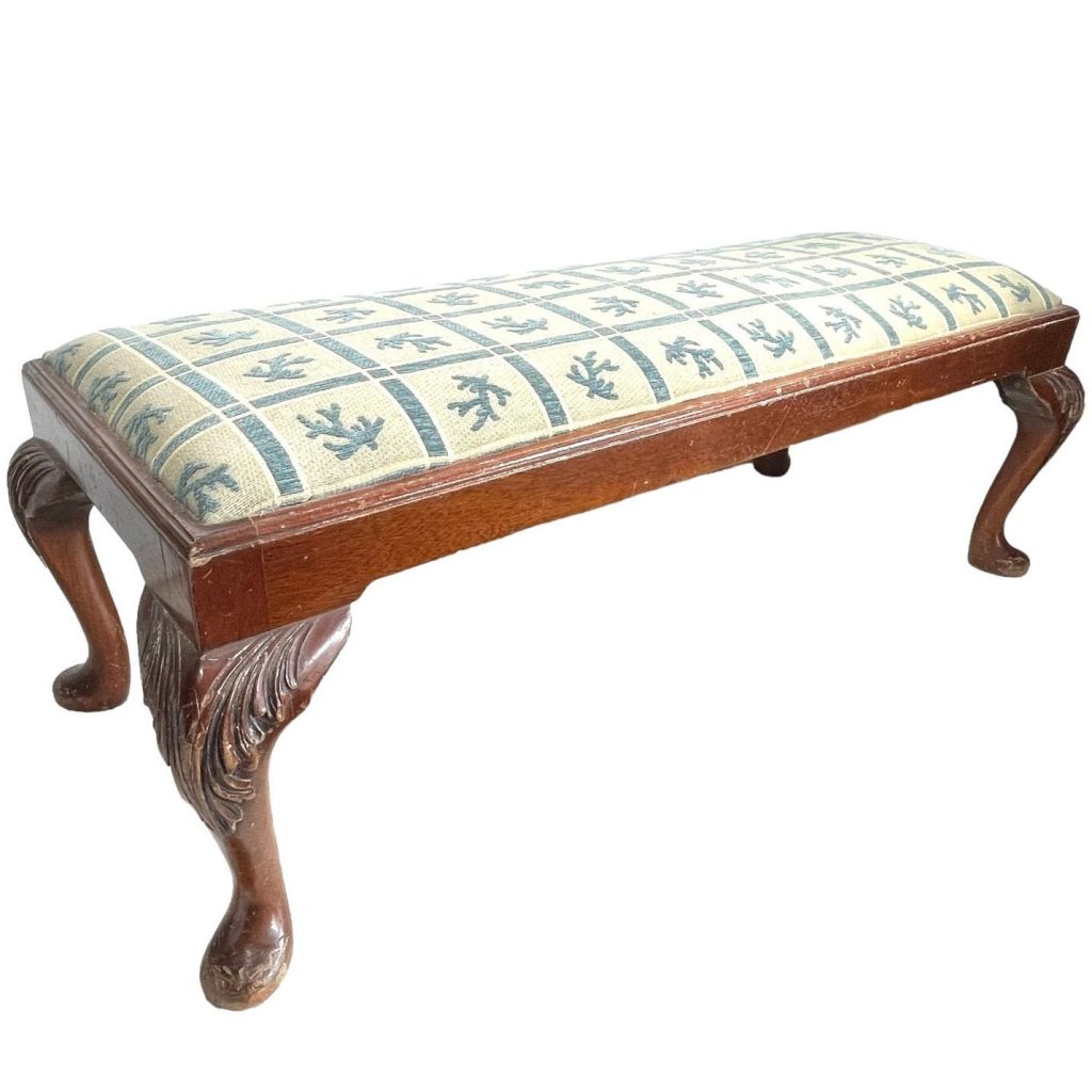 Vintage French Cushioned Bench Foot Stool Blue Cushion Padded Bench Wooden Wood Chair Seat Side Prop Display c1930-40’s