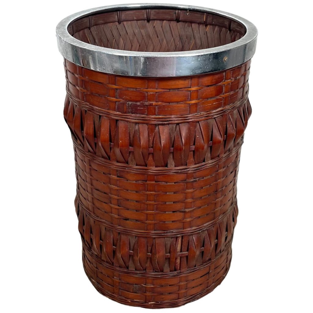 Vintage Thai Asian Wicker Woven Bamboo Waste Paper Basket Bin Desk Trash Can Open Wood circa late 1960-70’s