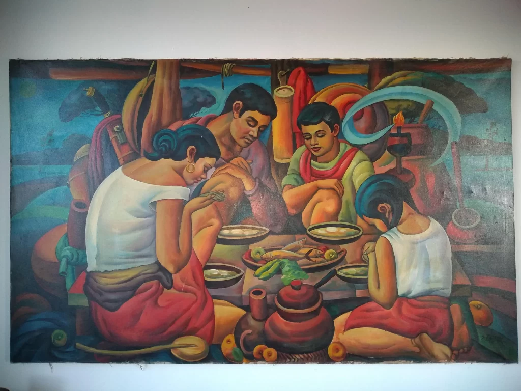 Vintage Mexican Large Painting On Canvas In The Style Of Diego Rivera Featuring Family Meal Praying Scene Landscape c1950’s