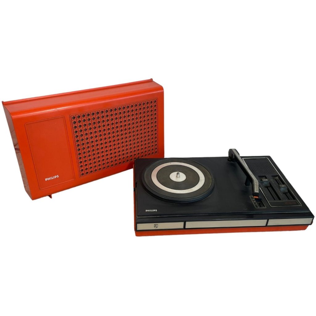 Vintage French Philips Orange Cased Record Player With Speaker circa 1970’s