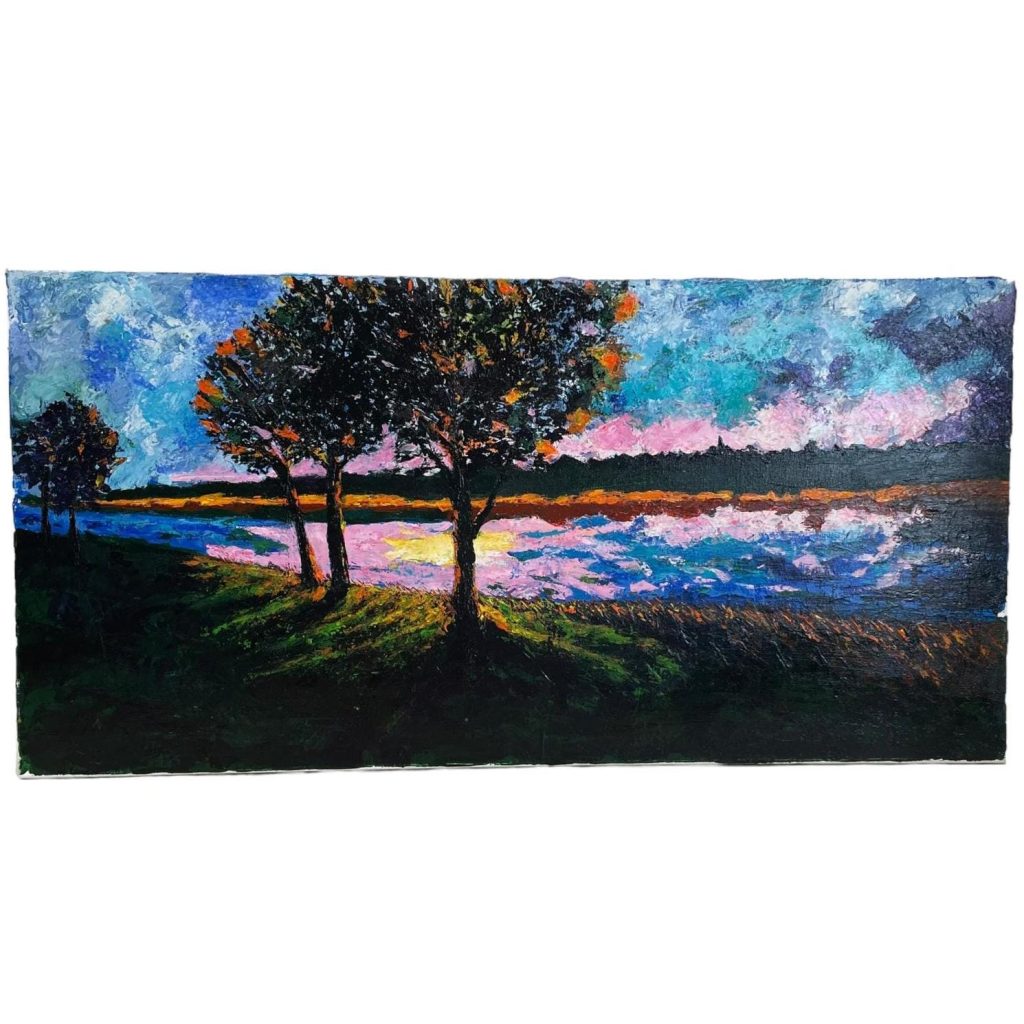 Vintage French River Sunset Painting Oil On Stretched Canvas Unsigned circa 2000