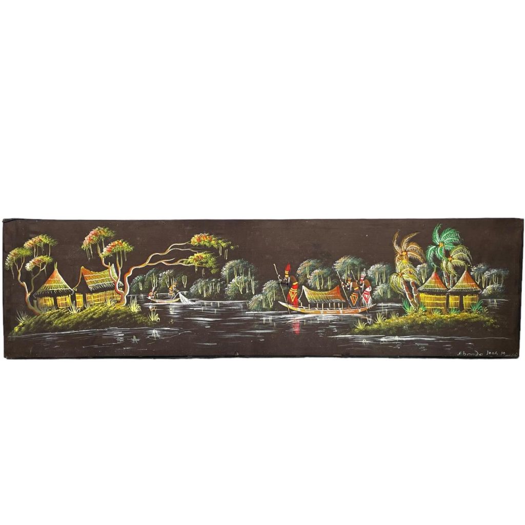 Vintage African Tropical Forest Hut Jungle Tribal Boats Fishing Painting Acrylic Trees On Fabric Signed c1980-90’s