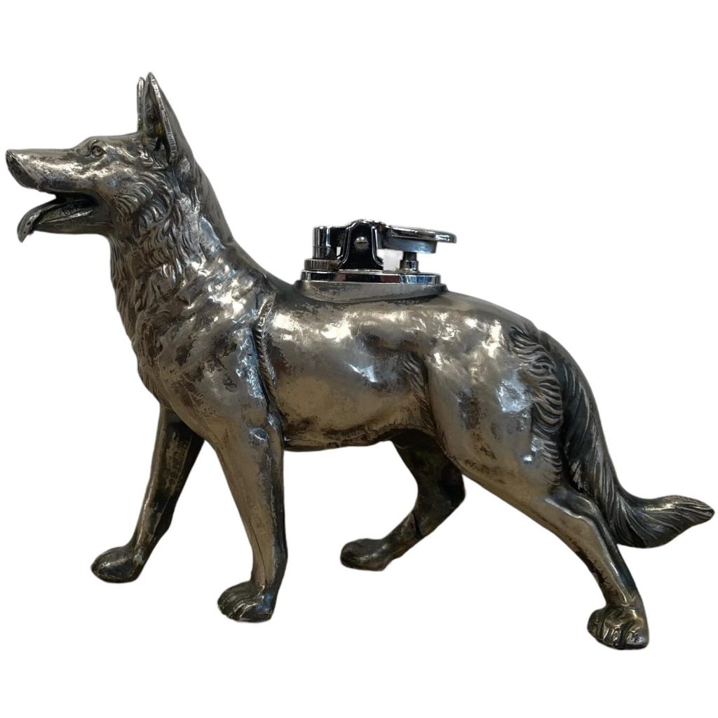 Vintage French Dog Alsation German Shepherd Lighter Cigarette Tabletop Smoking Tobacciana Display Collector circa 1960-70’s