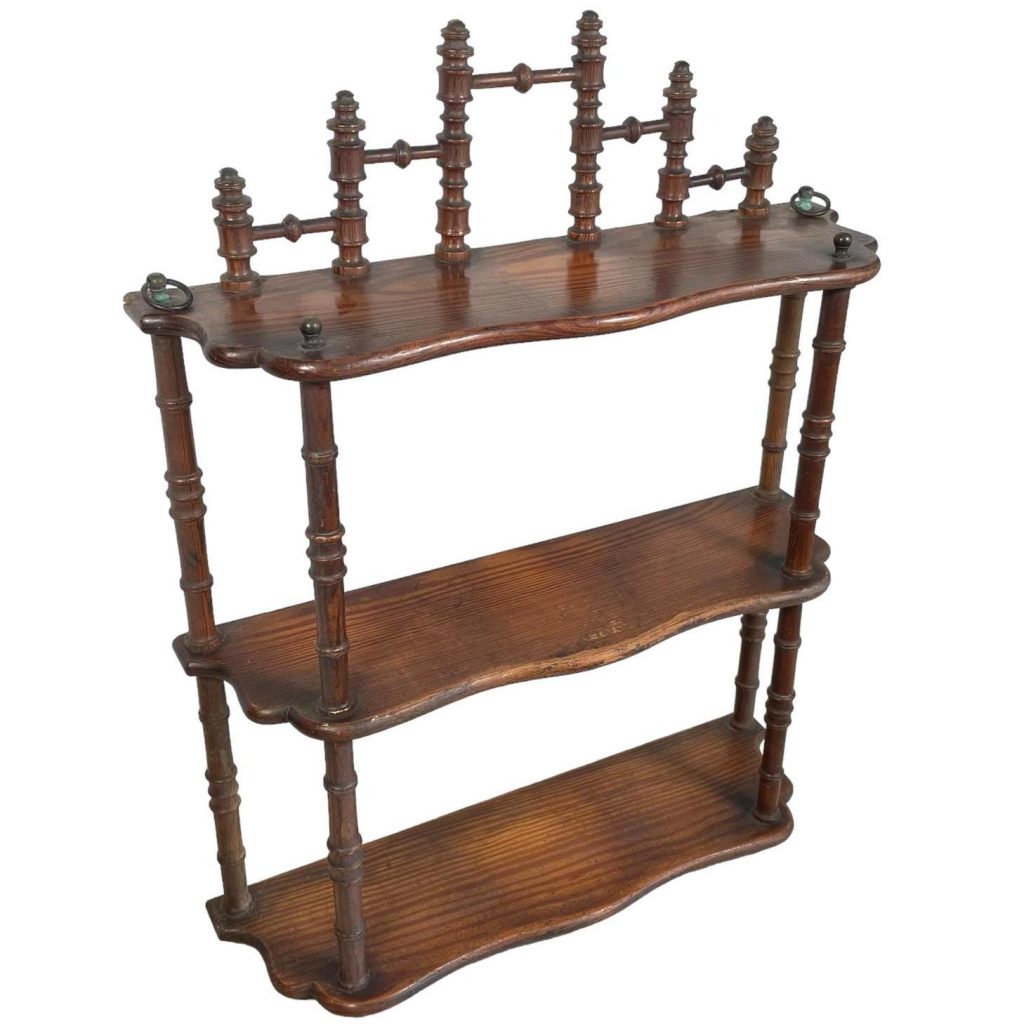 Antique French Wood Wooden Dark Brown Natural Wood Large Three Shelf Shelving Wall Stand Display Plinth Turned Ornate c1910’s