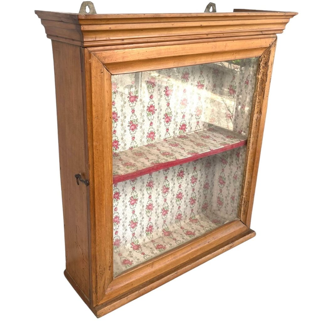 Vintage French Wooden Glass Fronted And Shelf Display Cabinet Vertical Curio Curiosity Wall Mounted circa 1950-60s