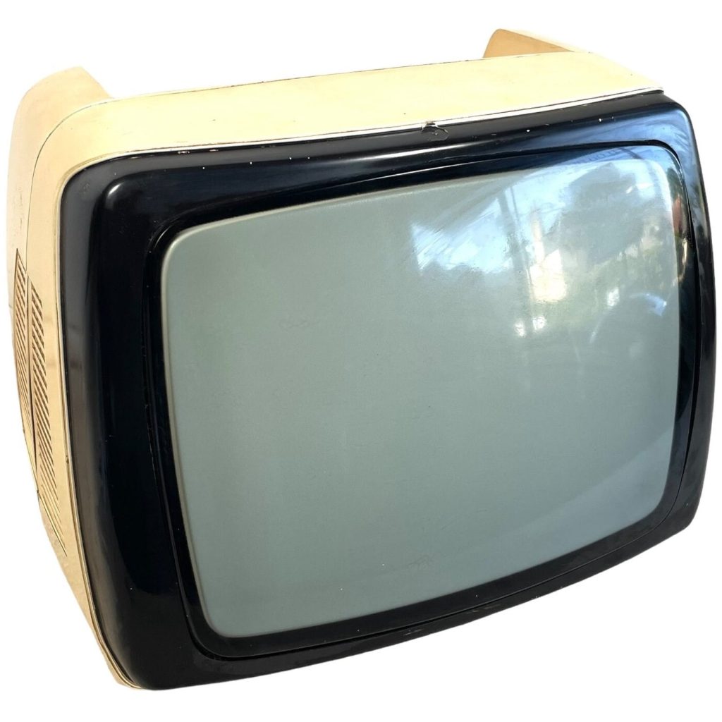 Vintage French Radiola Push Button Black And White Portable Television TV 12 Volt 220 Volt BROKEN Prop Only circa 1970’s