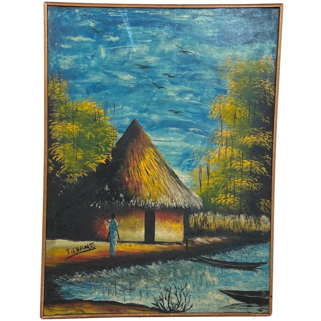 Vintage African Tropical Forest Hut Jungle River Boats Painting Acrylic Skyline Bushes Trees Scenic On Canvas Signed c1950-60’s