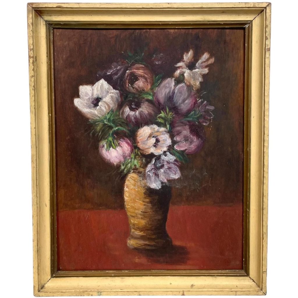 Vintage French Still Life Purple Flowers Study Acrylic Painting On Board Framed Unsigned circa 1950-60’s