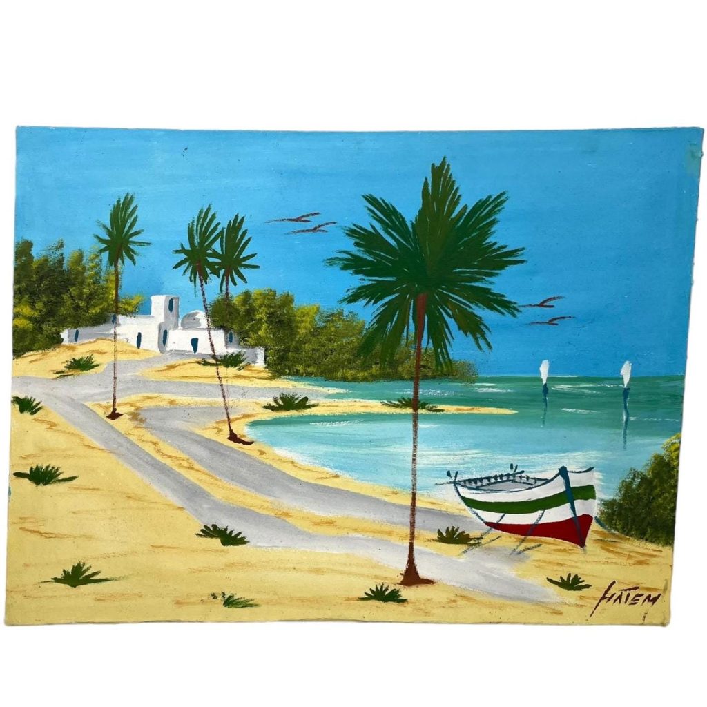 Vintage Tunisian Acrylic Painting Seaside Villa With Boat Blue On Canvas Signed c2000