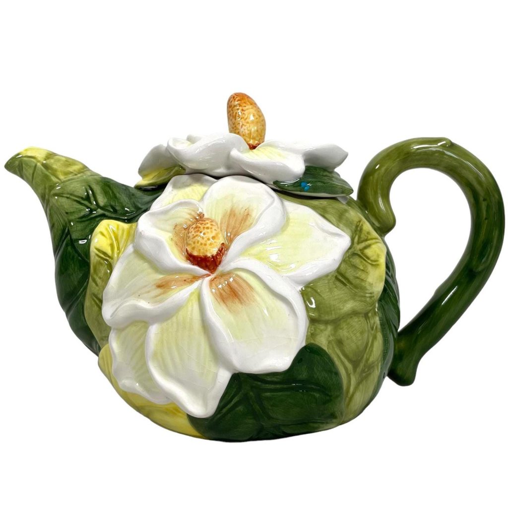 Vintage English Flower Design Ceramic Tea Pot Teapot Green White Ornament Serving Display c1980’s