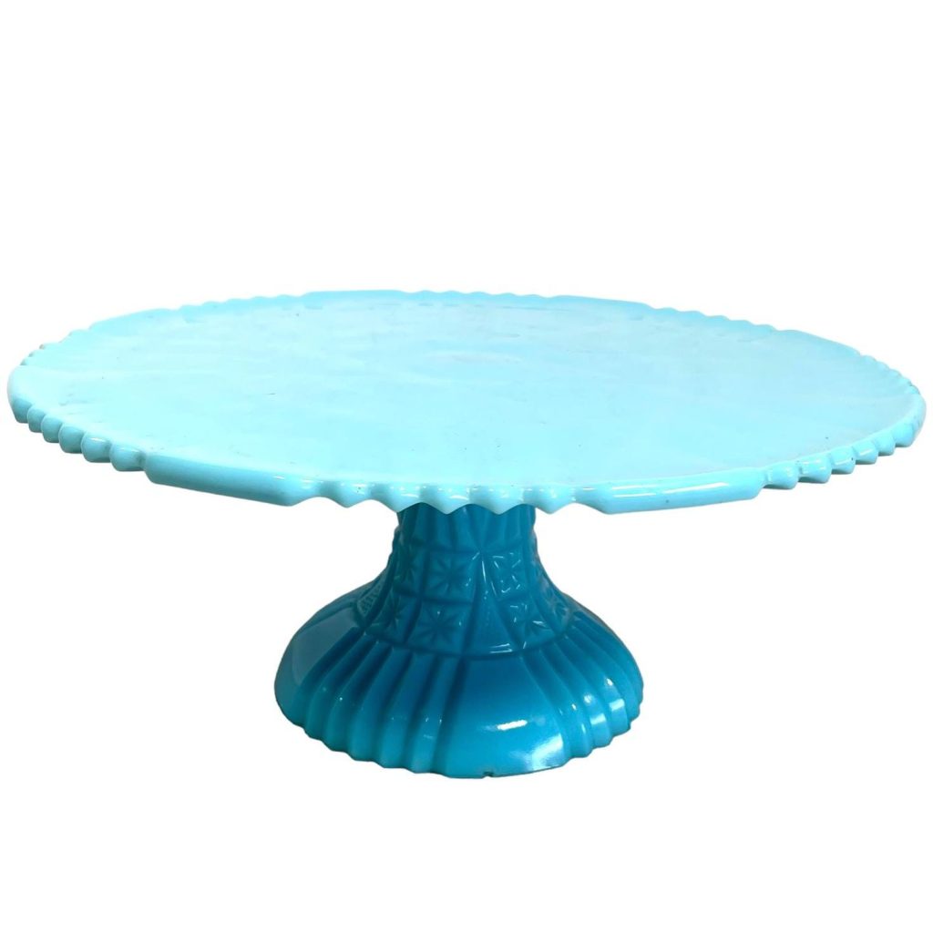 Vintage French Aqua Blue Glass Serving Dish Cake Stand Plate Display Prop circa 1950’s