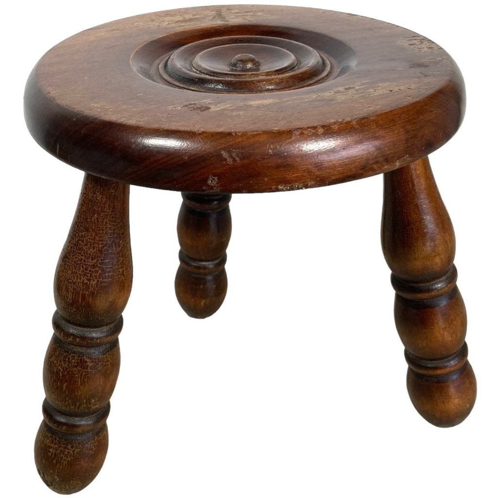 Stool Vintage French Traditional Worn Weathered Damaged Milking Stool Small Chair Stand Bobbin Leg Rest Plinth Plant Tabouret c1960’s