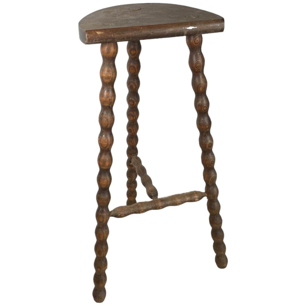 Vintage Tripod Stool French Tall Wooden Wood Bar Chair Seat Kitchen Table Farm D Shaped Seat Braced Tabouret c1960-70’s