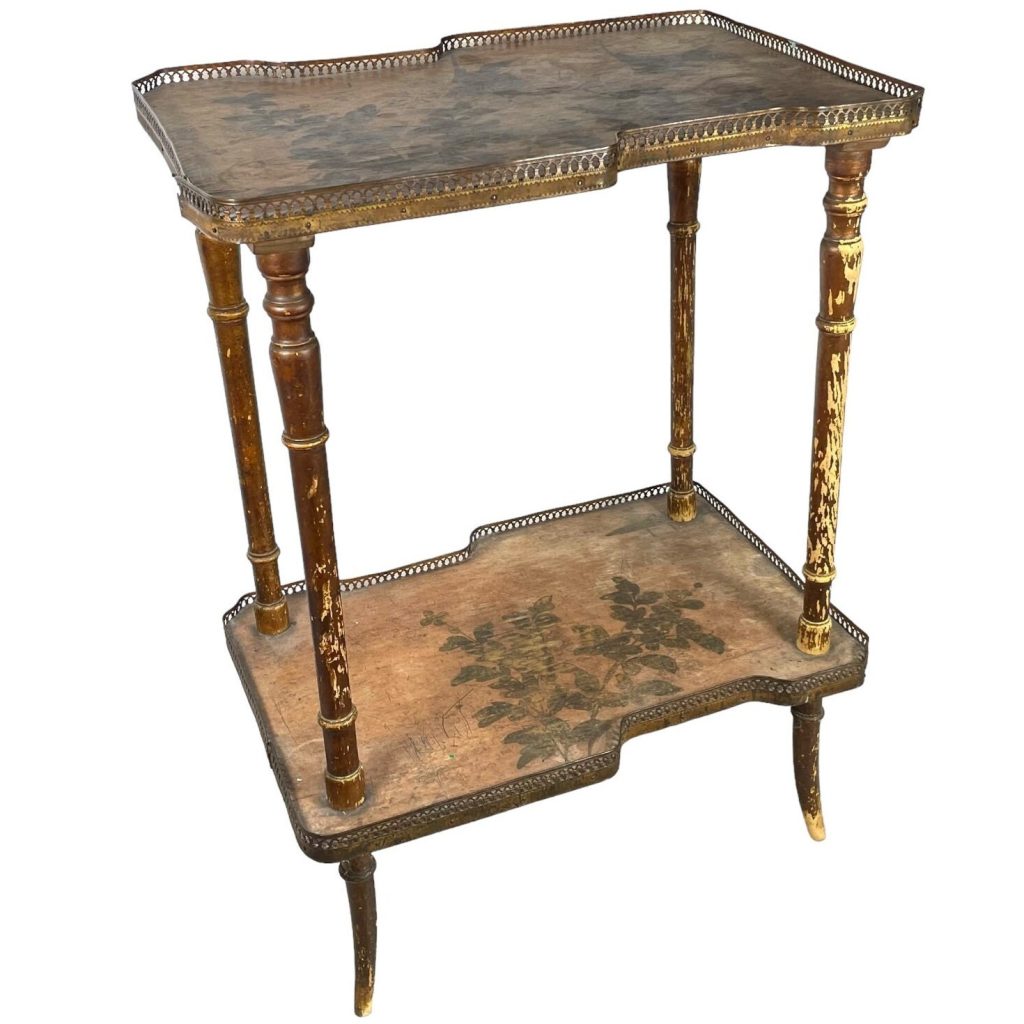 Antique French Two Tier Side Table Napoleon III Hand Painted Cage Table Wooden Brown Tabouret DAMAGED c1850-80’s