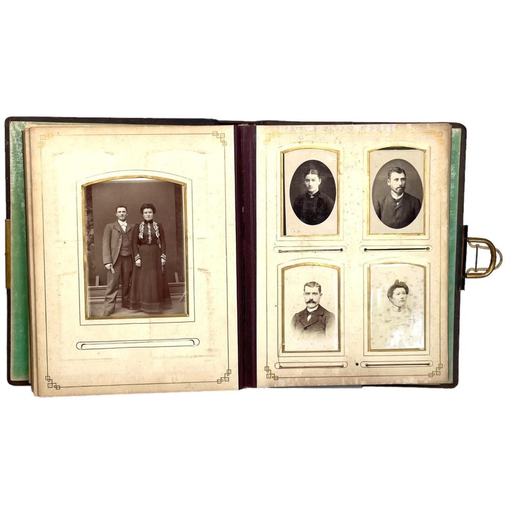 Antique French Leather Bound Photo Album Frame Original French Wedding Uniform Family Photos Decorative 60 Pictures c1880-1920’s