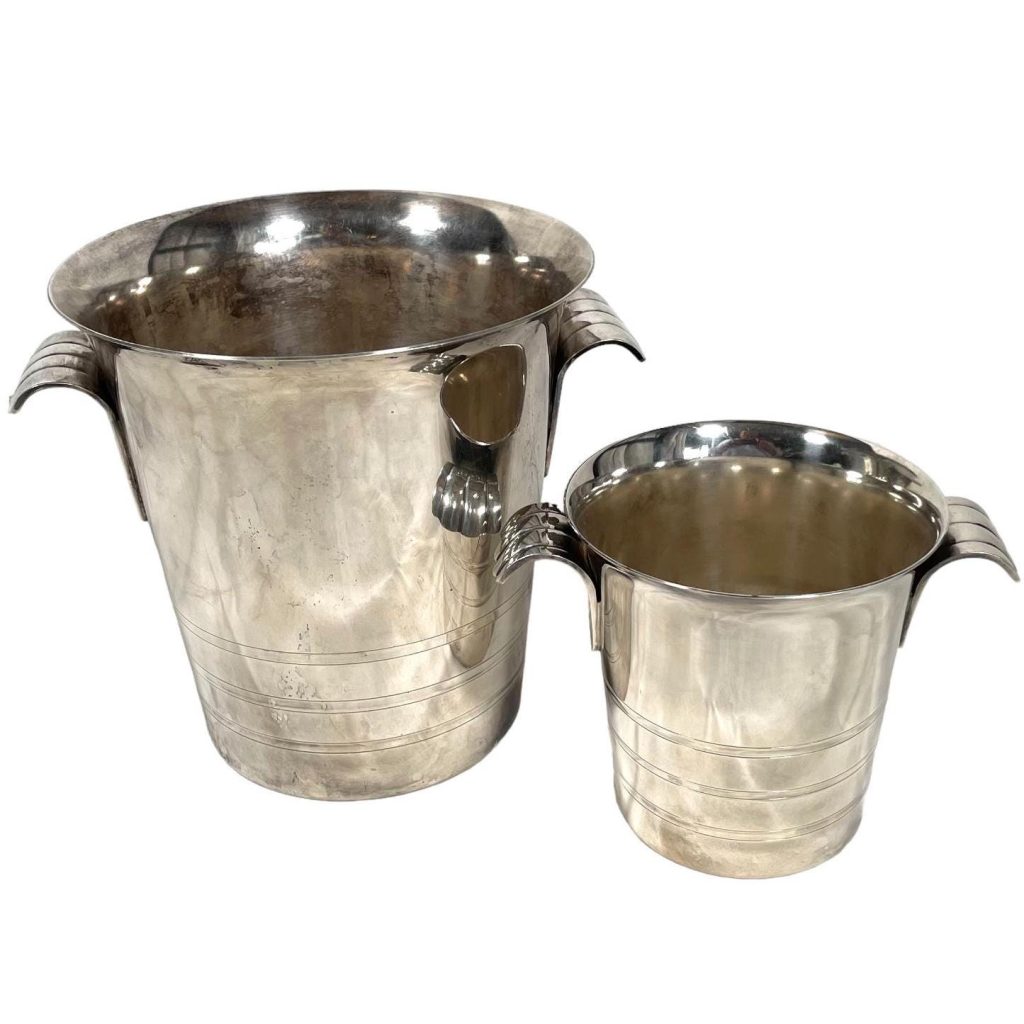 Vintage French Scallop Handle Champagne Wine Cooler & Ice Bucket Silver Plated Collection Pair circa 1940-50’s