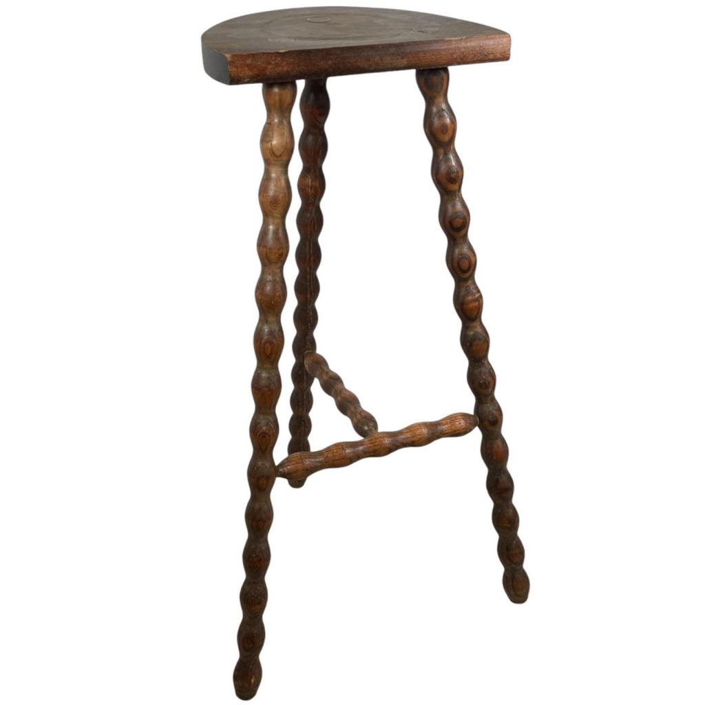 Vintage Tripod Stool French Tall Wooden Wood Bar Chair Seat Kitchen Table Farm D Shaped Seat Braced Tabouret c1960-70’s