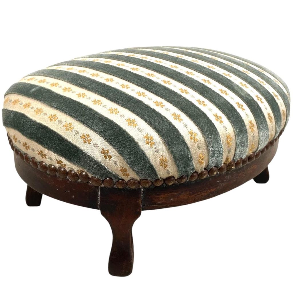 Vintage French Cushioned Bench Foot Stool Bergundy Cushion Padded Wooden Wood Chair Seat Side Footstool Prop c1950’s