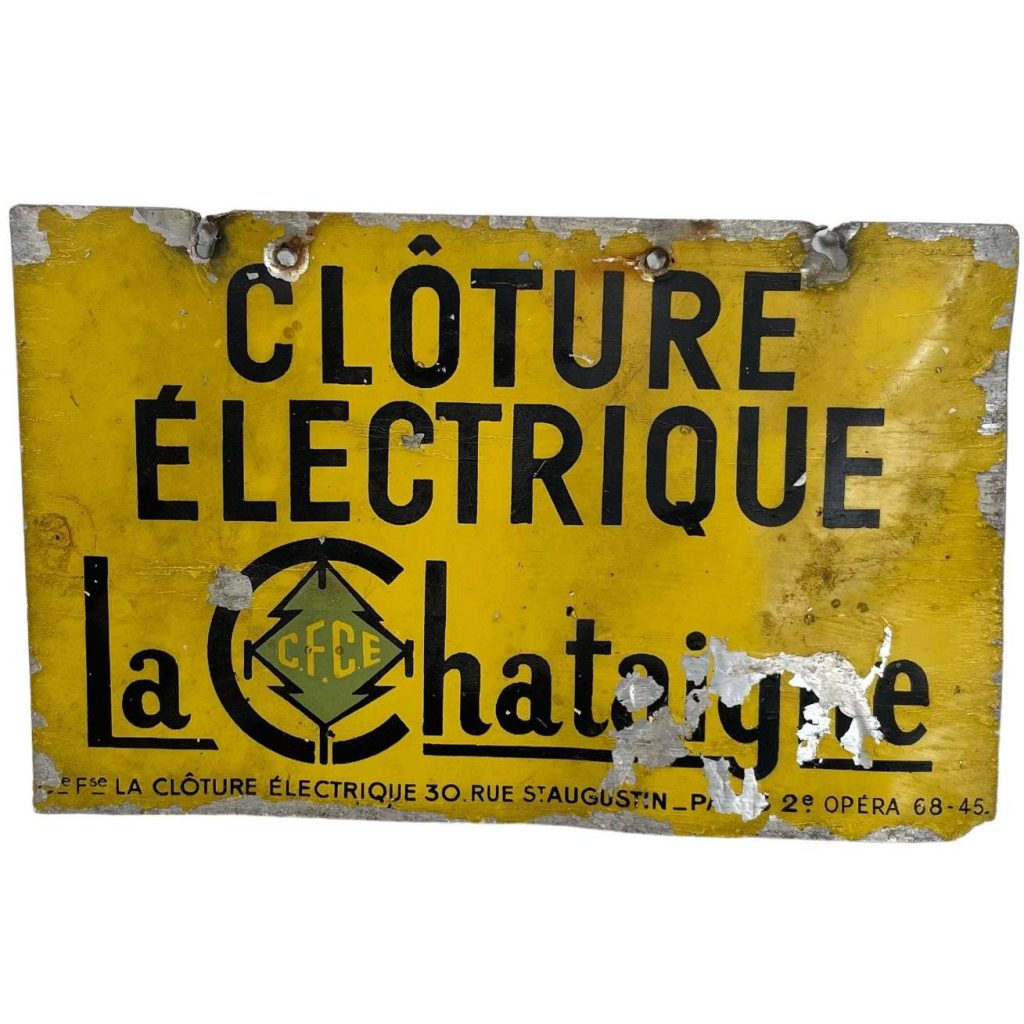 Vintage French Paris Cloture Electrique Electric Fence Electrical Sign Warning Double Sided circa 1970-80’s