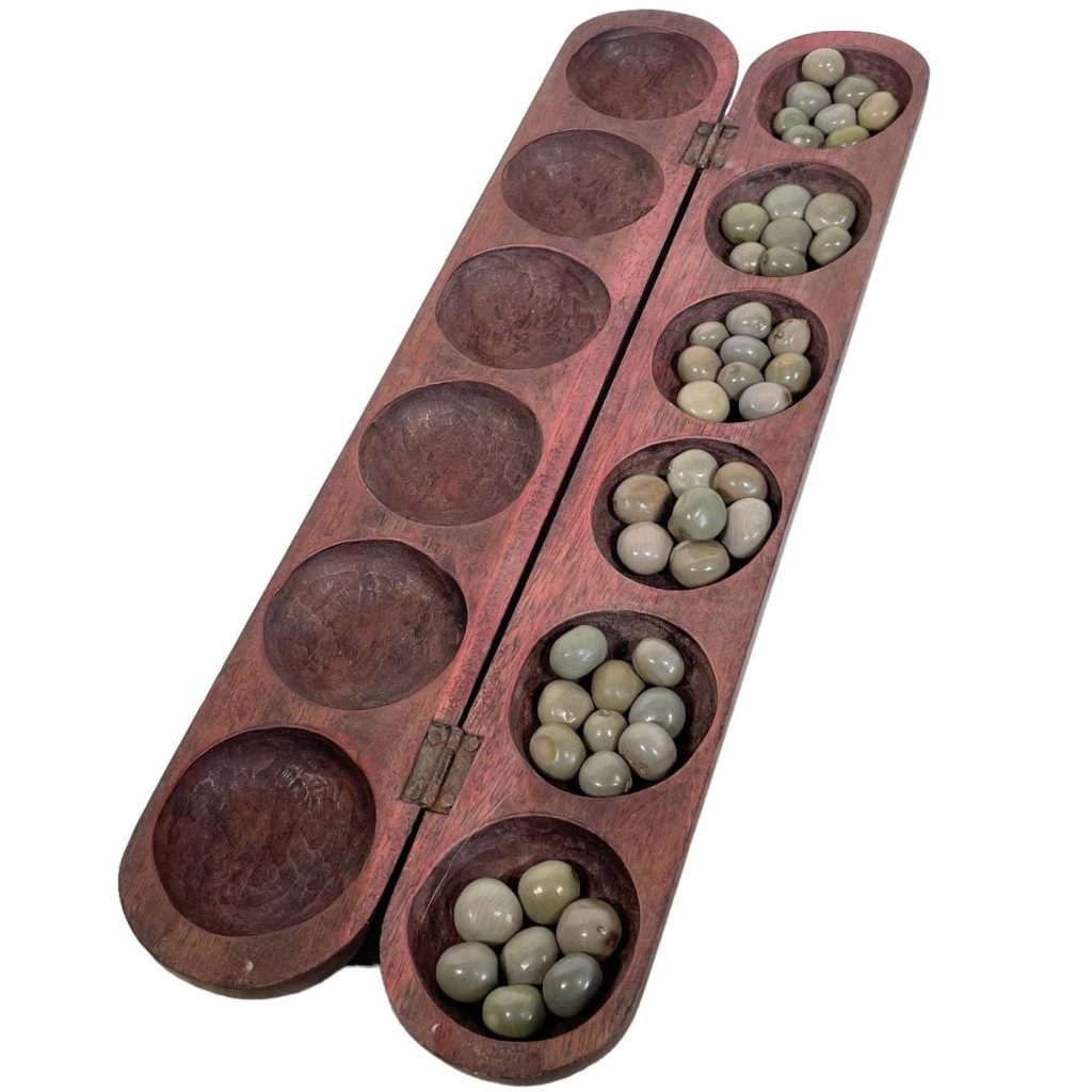 Vintage Moroccan Arabian African Wooden Mancala Game Toy Tray Dish Bowl Platter Decorative Table Seeds circa 1980-90’s